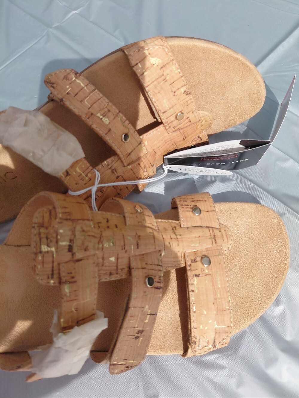 NWT Sz 9 Vionic Orthaheel Park Radia Adjustable Straps Wedge Slides Gold Cork - Picture 10 of 13